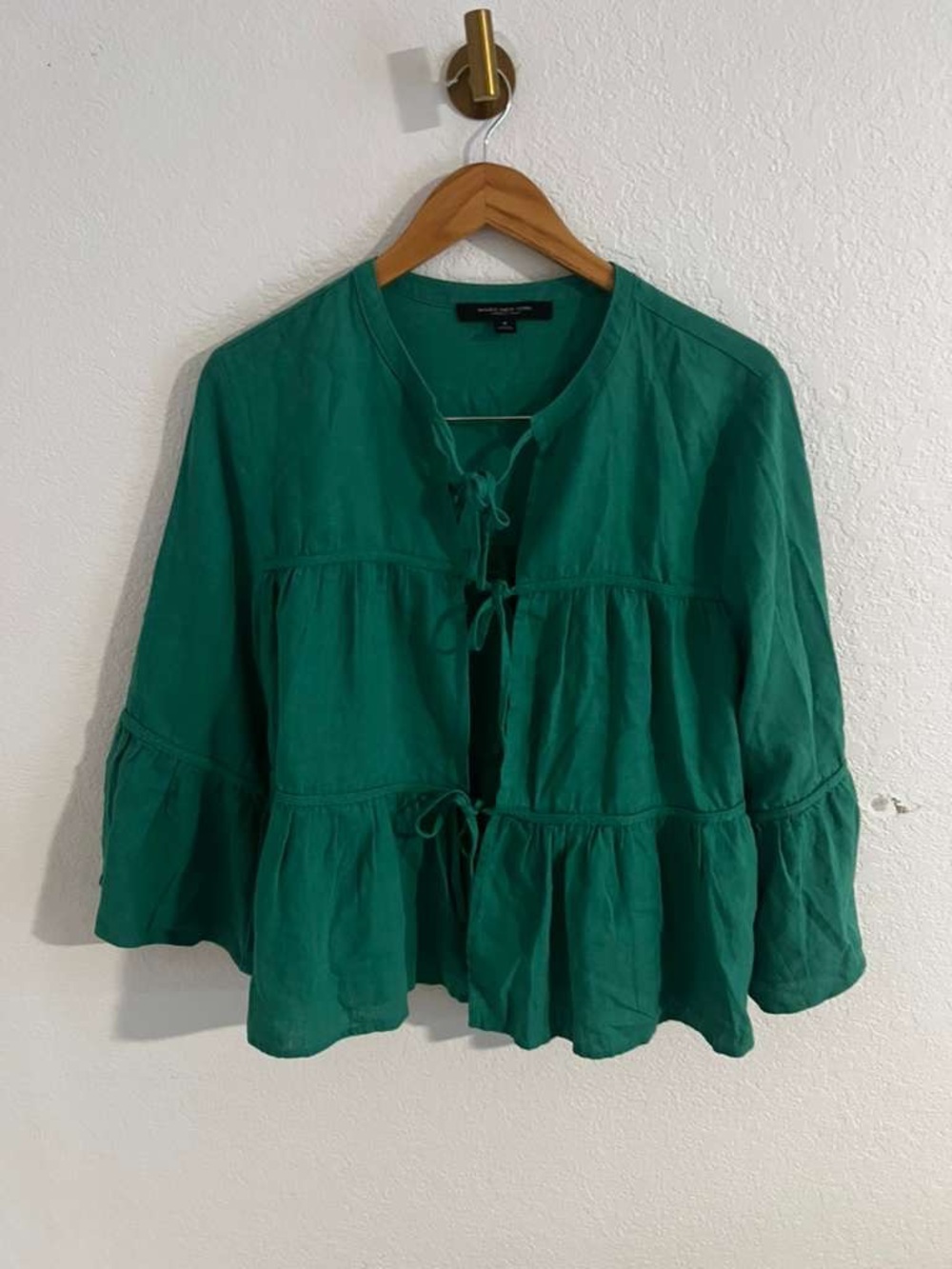 Linen Blend Emerald Green Tiered Tie-Front Tunic Top Sz M
